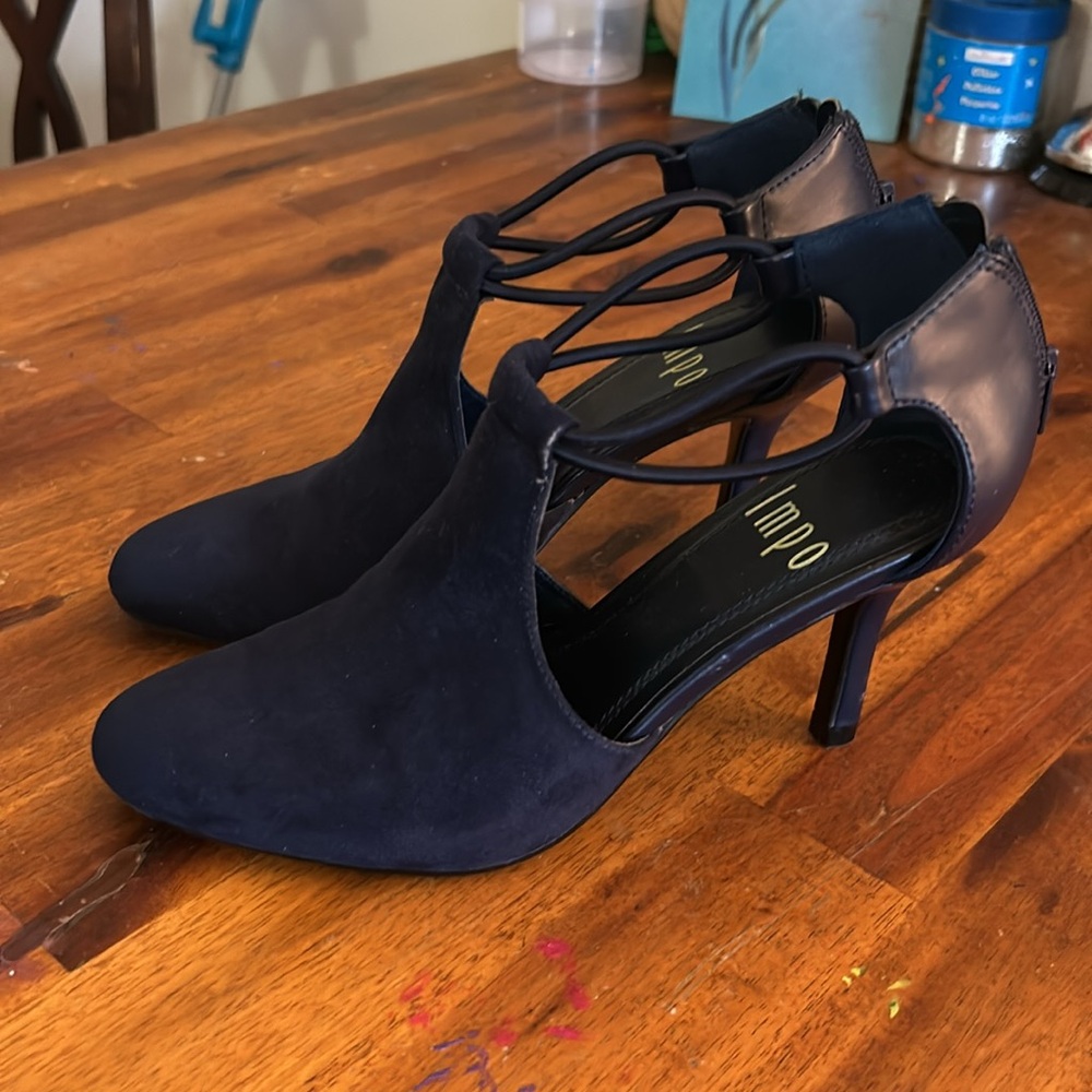 Women's Impo Navy Suede 3" Heel Almond Toes Zipper Back Shoes.Size: